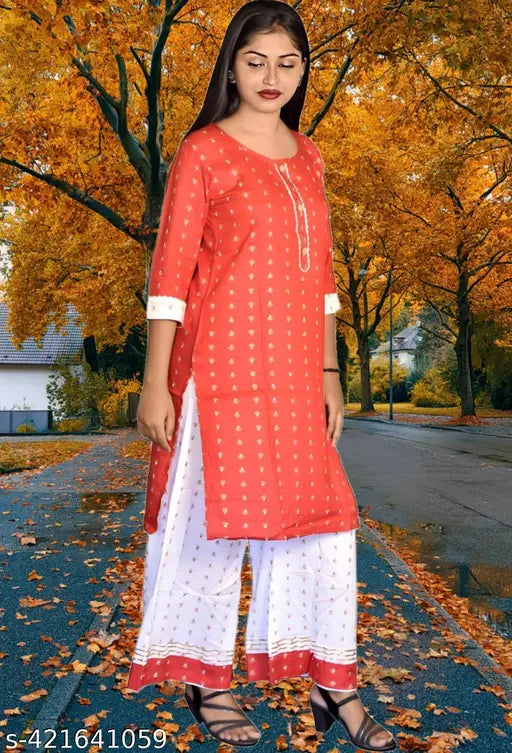 Casual cotton blend print kurti plazo set, three-quarter sleeves, trending dresses, bright multiple colors