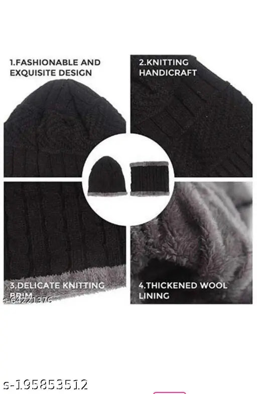 Wool winter cap and muffler combo, self-design selfie with warm accessory set on snow