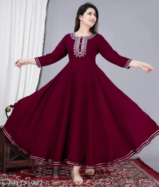 Rayon maroon embroidered three-quarter sleeve gown for women, featuring intricate designs, available in sizes S to XXXL