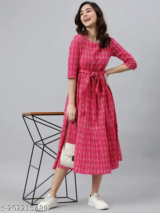Pink cotton blend flared kurta with three-quarter sleeves and printed combo, women's traditional Indian fashion wear in XS, S, M, L, XL, XXL, XXXL