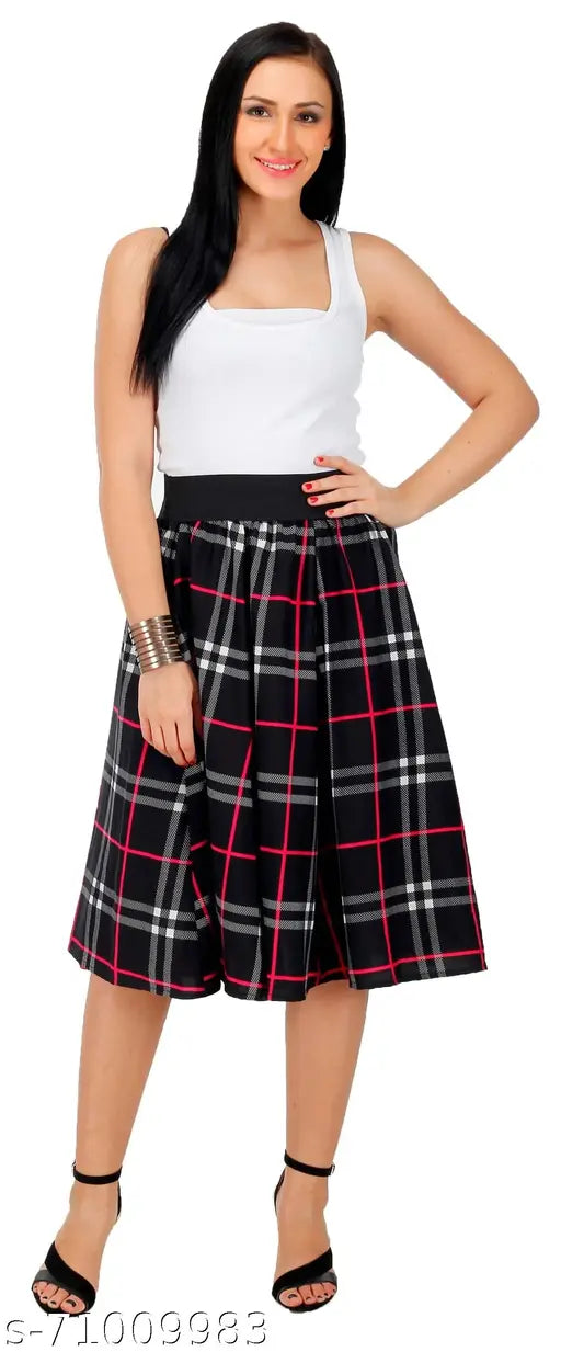 Fuchiya print mid-calf length women's skirt with panel design, polyester material