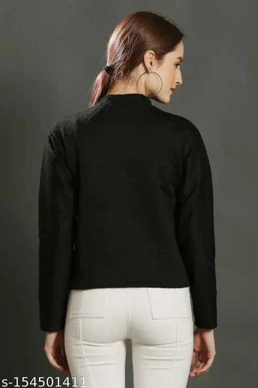 Black feather-blend jacket with long sleeves, ideal for winter wear, trendy women's fashion from Zata shop (India)