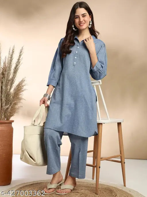 Solid black and white cotton 3/4 sleeve balloon type collar neck checkered kurta with pant coords set - ideal for modern Indian ethnic wear