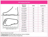 Red and blue casual sandals for babies, children, and adults, available in six different sizes from 6 months to 45 years