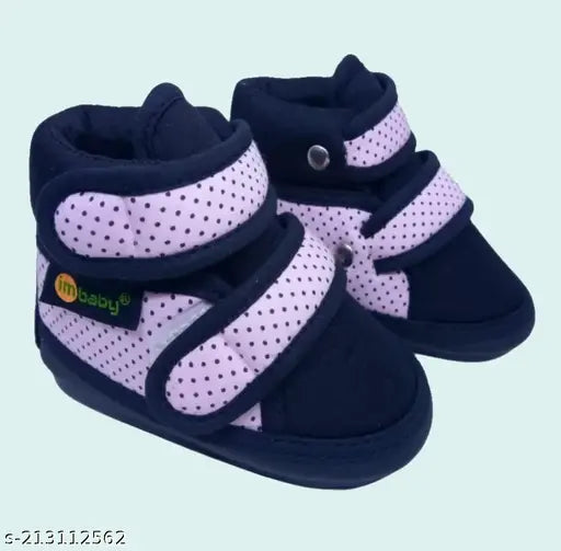 Cotton polka print baby shoes for boys and girls (9-2.5yrs), PVC sole & Velcro fastening, India origin