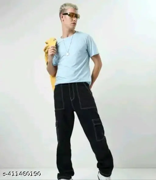 Blue cotton baggy men's 6 pocket pants
