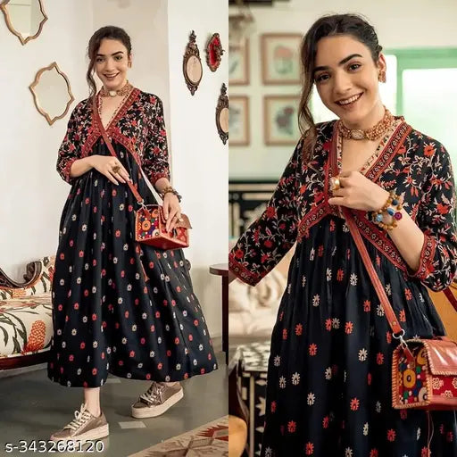 Rayon black floral print anarkali kurti for women's ethnic wear, midi length