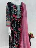 New Georgette embroidered net party gown set from Pakistan, suitable for formal events and work wear. Three-quarter sleeves. Available in M, XL, Free Size