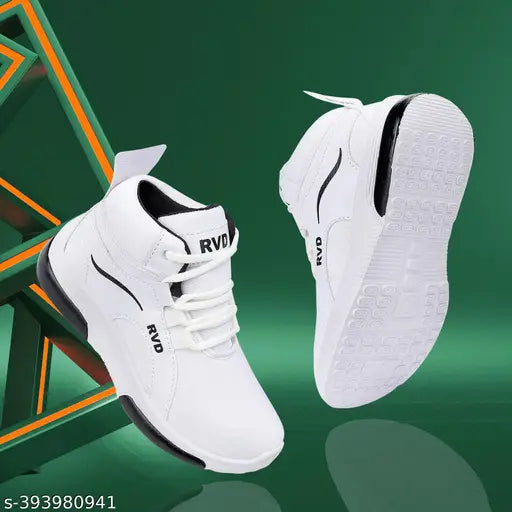 White sneakers with black accents, designed for sport and casual wear, suitable for men, kids, and boys