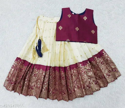 Baby girls cotton silk pattu Pavadai lehenga, acrylic dupatta, sleeveless, zari stitch, jacquard silk with cotton inner, ready-to-wear, FT_DS Team crafted, India