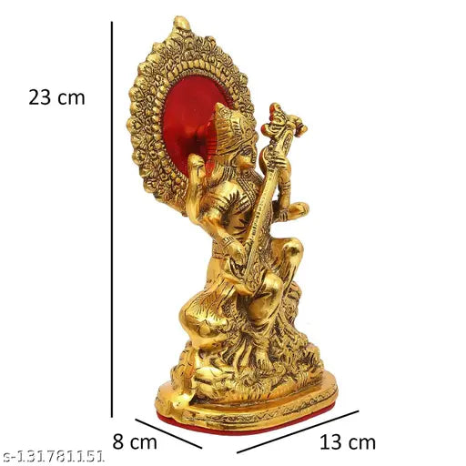 Gold plated metal Saraswati idol showpiece, 23cm x 8cm x 13cm, antique religious home decor