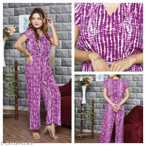 Stylish purple tie-dye jumpsuit with pockets, viscose rayon, short sleeves