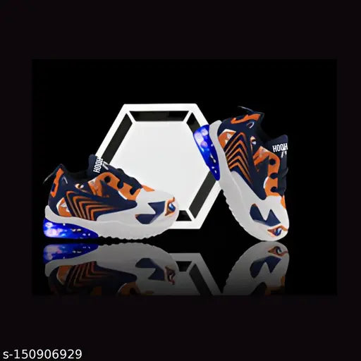 Black shoes with neon blue light-up soles, white laces, and sporty design