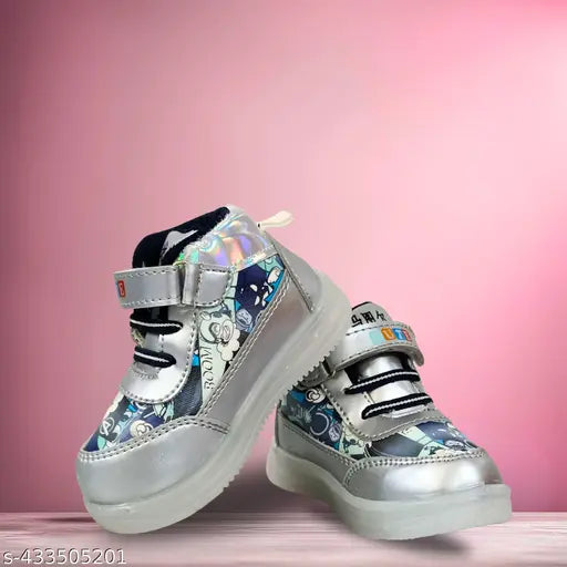 Black, silver, blue kids' shoes with LED lights on the soles