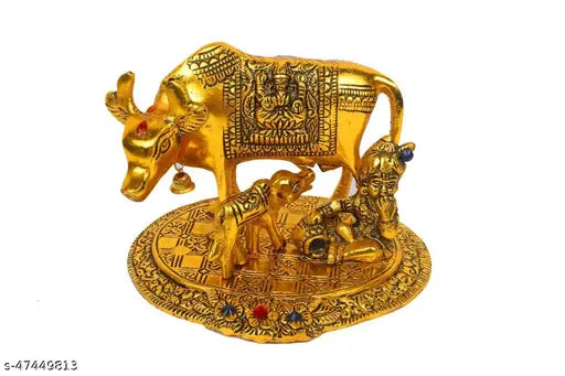 Metal Kamdhenu statue: Voguish Idols figurine, traditional Indian home decor for puja or display
