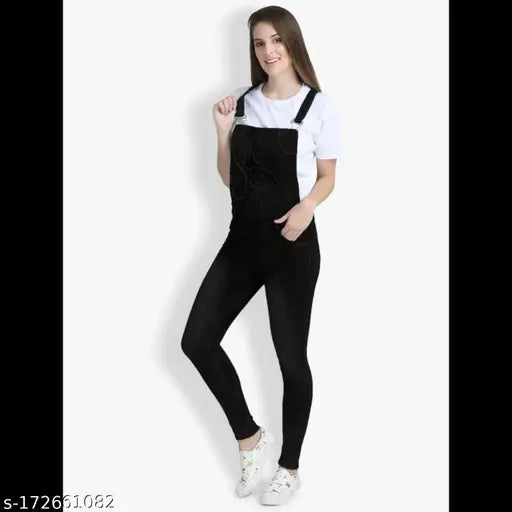 High-waist blue denim dungaree for women, Indian-made with adjustable shoulder straps, four pockets, mock fly, and belt loops
