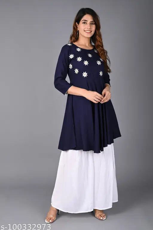 Blue rayon embroidered kurta set, featuring long skirt and short top