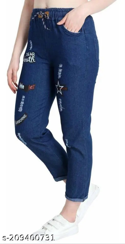 Dark denim fancy star print joggers - solid pattern, Indian-made jeans for women size 26, 28, or 30
