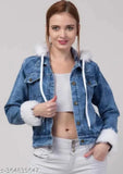Blue denim women's jacket, solid pattern, long sleeves, size S (bust 36in, length 20in), made in India
