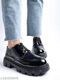 Black patent leather slip-on loafers for women, detailed with lace-up front - Stylestry smart casual loafers, classic ballerina style from India