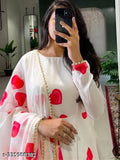 Printed Georgette Gown & Dupatta Set, Indian fashion with pearl border for women (S: 36in-52in)