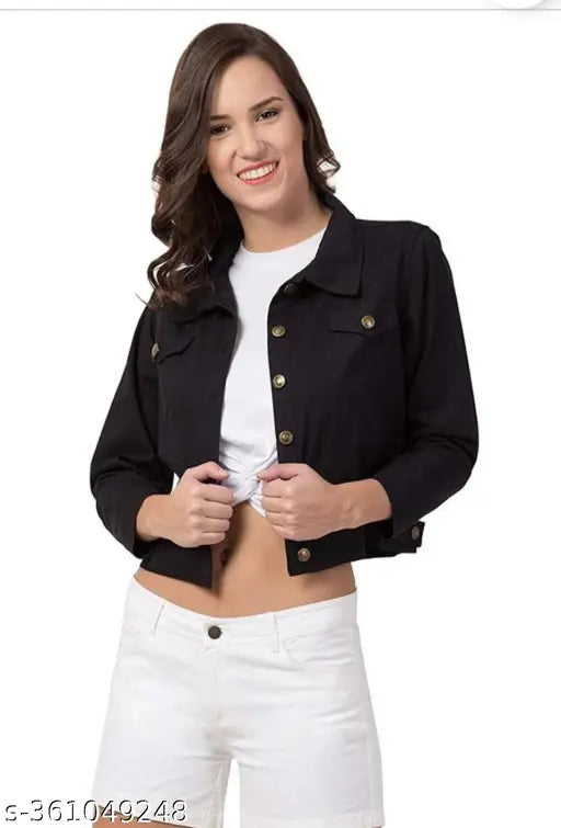 Denim women's classic jacket, solid-colored, long sleeves, available in S, M, L, XL
