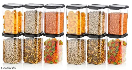 Air tight square plastic containers set for kitchen storage - 1100ml, pack of 12 kitchen organizers, storage container set for kitchen storage - 1100ml - black