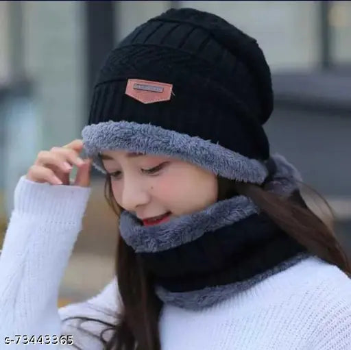 Black wool beanie cap, fur lining, scarf, winter accessory
