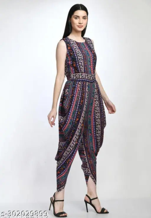 Printed crepe dhoti jumpsuit, Indian-style ankle length outfit for festive events, sweat absorbent armpit lining, color bleeding resistant