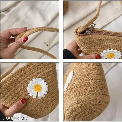 Beige wicker purse with white flower accents, suitable for casual wear