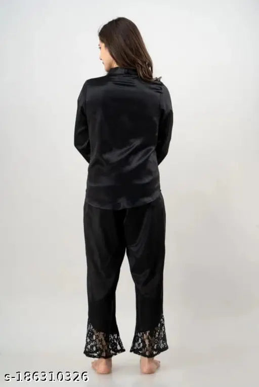 Black satin long sleeve night suit with lace design, luxurious sleepwear for women