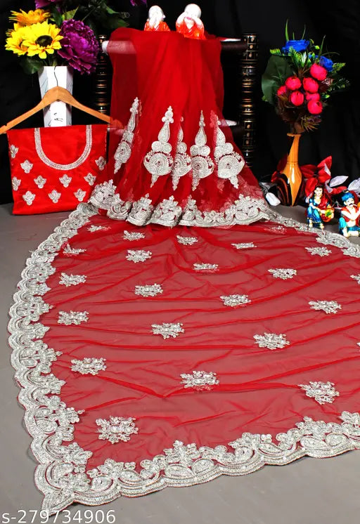 Silver net saree with embroidered blouse, free size, Indian ethnic wear for casual or festive occasions