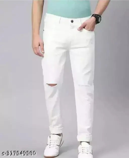 White denim MOD MEN knee-slit jeans, ripped and netted, size 28, India origin