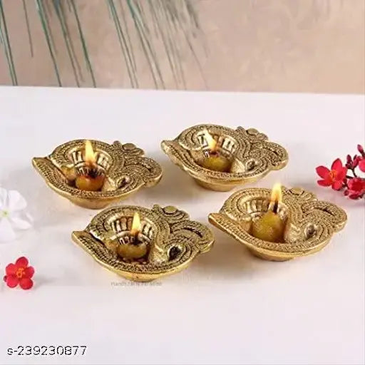 Gold Aluminium diya set (pack of 4), Indian God Idol oil lamps for religious ceremonies, height 25 inch x 3 inch x 3 inch