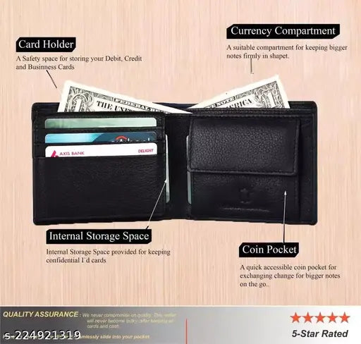 Black genuine leather, RFID-blocking men's wallet - modern gift hamper, India origin