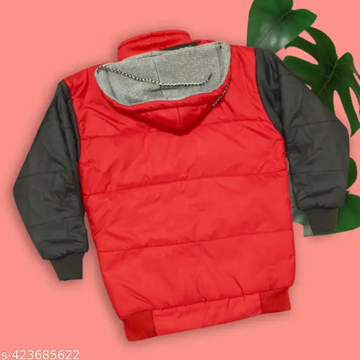 Black and red puffer jacket with a hood, zip closure