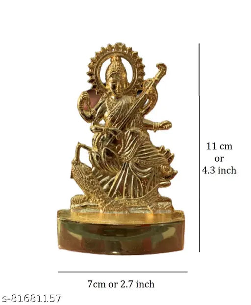 Brass Gold MAA Saraswati statue, 11cm tall Indian vintage decor showpiece for home or office
