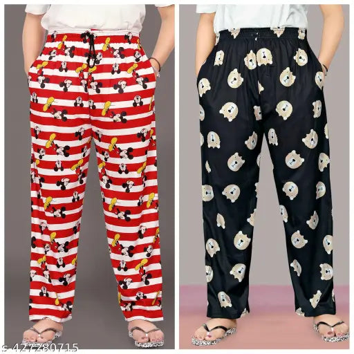 Printed, fully stretchable Lycra pyjamas for women in pack of 2