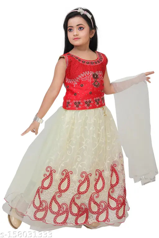 Soft silk kid's lehenga choli with embroidered patterns, sleeveless and net dupatta. Indian children's traditional party wear