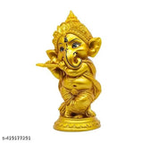 Artfully crafted poly resin Ganesha statue with Bansuri, traditional Diwali decor item for home, gift (10cm L x 14cm H x 10cm B)
