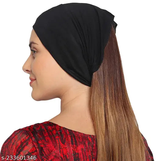 Black cotton tube hijab cap, four-way stretchable, pack of 2