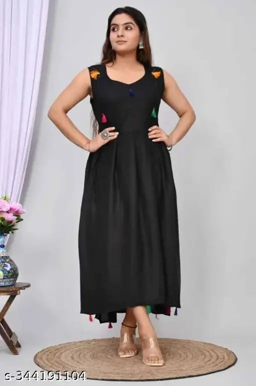 Black rayon anarkali gown with stitching, sleeveless design