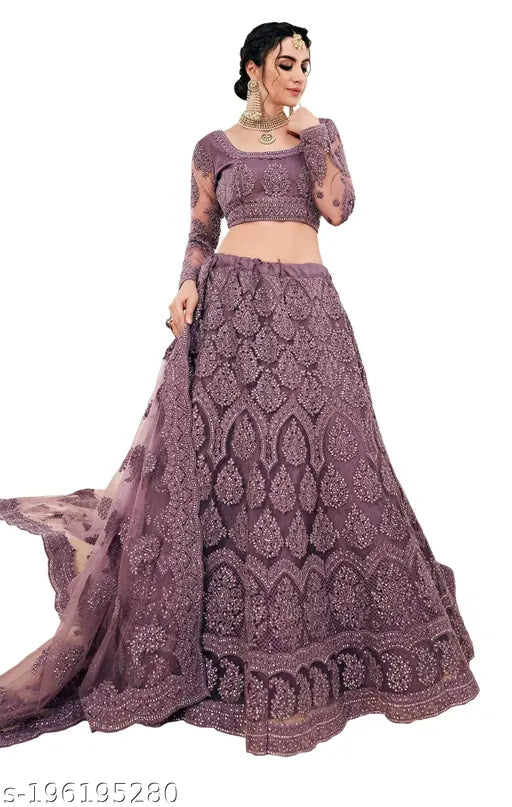 Beautiful chain embroidered net lehenga choli with zari work, semi-stitched Indian bridal wear