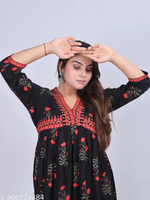 Rose printed rayon anarkali kurti, three-quarter sleeves, festive party wear for women's ethnic wear