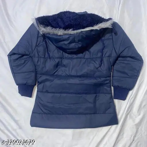 Navy blue padded jacket with fur-lined hood