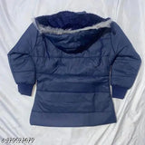 Navy blue padded jacket with fur-lined hood