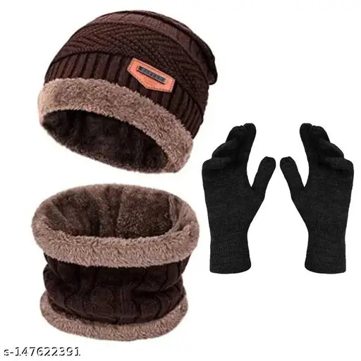 Winter cap and gloves set, warm brown wool