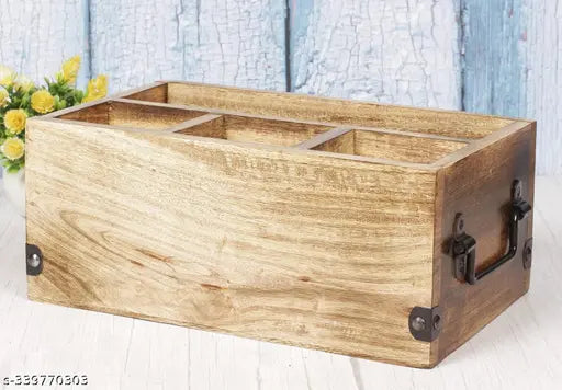 A wooden kitchen utensil holder with four compartments, designed for cutlery, napkins, cups and caddies