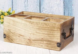 A wooden kitchen utensil holder with four compartments, designed for cutlery, napkins, cups and caddies