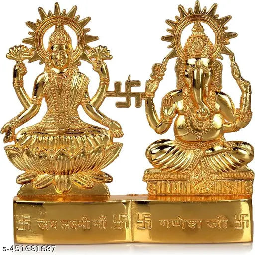 Gold-plated metal Shree Laxmi Ganesh Ji statue (25 inches), modern antique design for Diwali decor